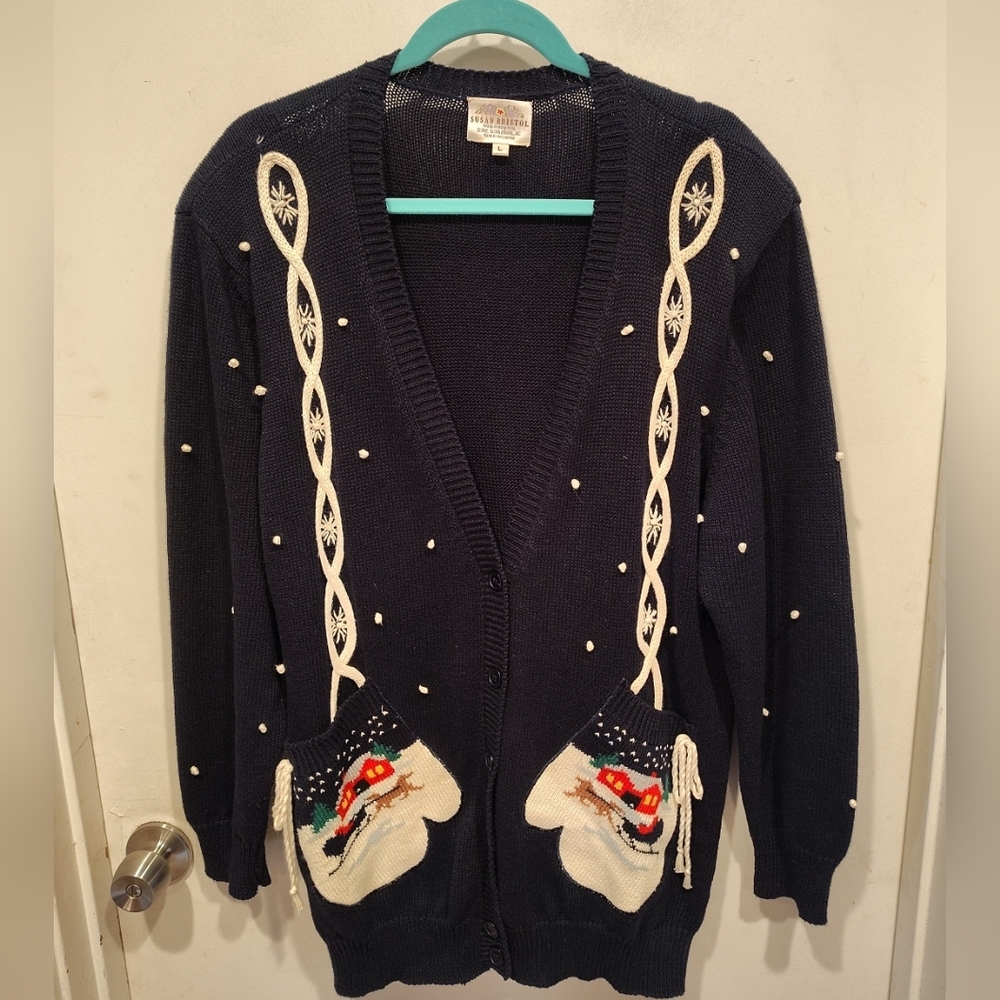 Susan Bristol Vintage 1992 Christmas Holiday Mittens Cardigan Sweater Sz L Party - Picture 2 of 9